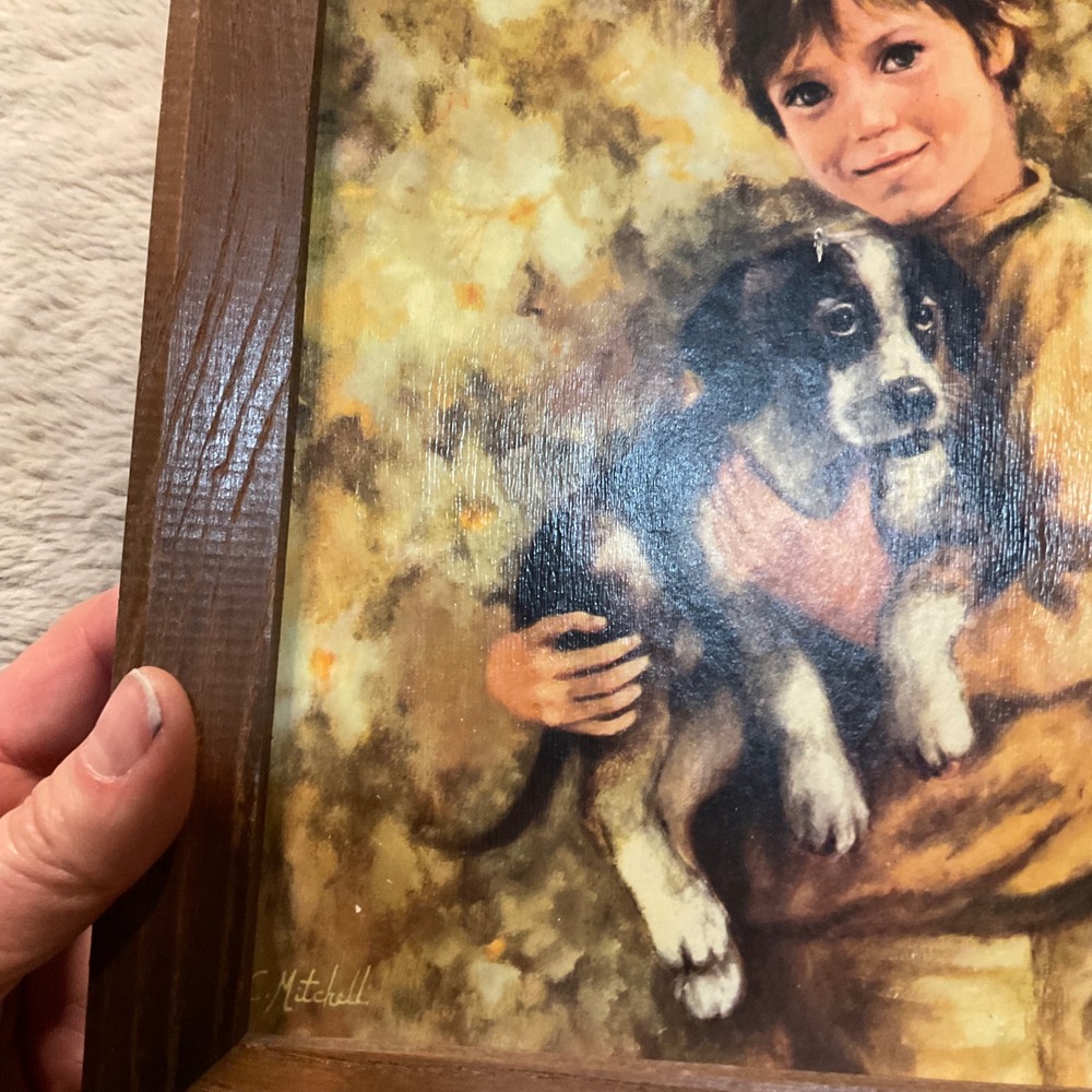 Vintage Boy And Dog Framed Comrades by C. Mitchell Mid Century Artwork Wood Frme - Picture 10 of 12